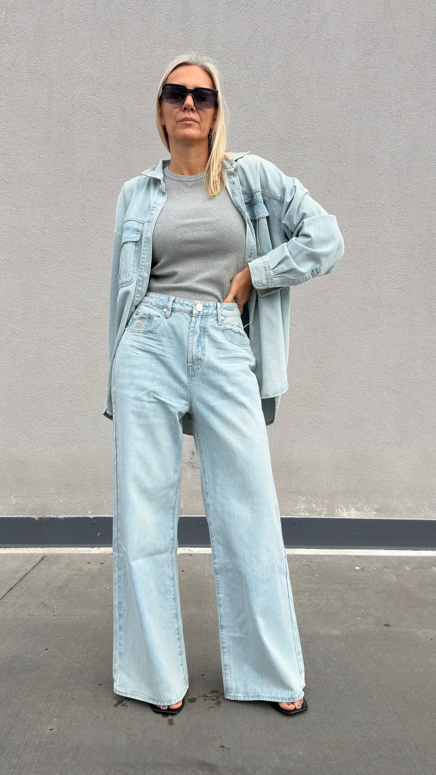 ONETEASPOON Love Machines Wide Leg Denim Jeans - Sea Mist Love