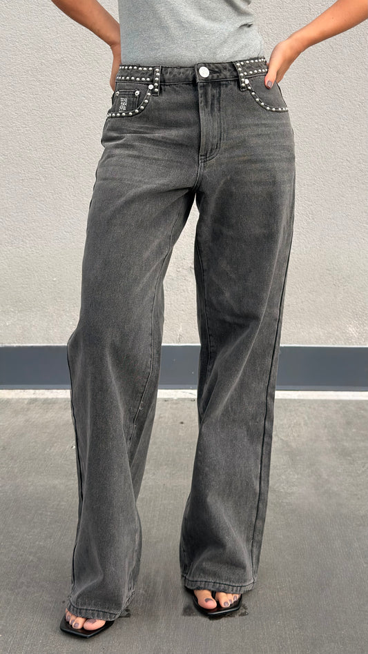 ONETEASPOON Jackson Mid Waist Wide Leg Studded - denim jeans