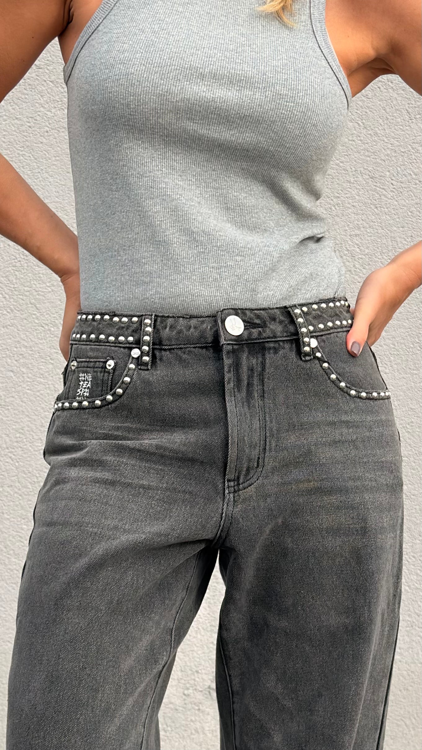 ONETEASPOON Jackson Mid Waist Wide Leg Studded - denim jeans
