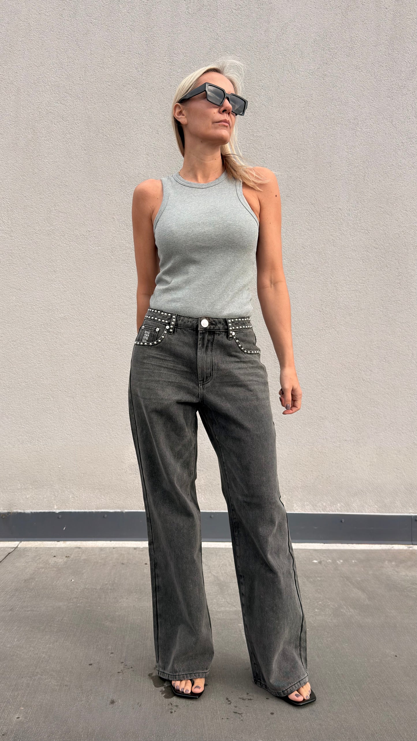 ONETEASPOON Jackson Mid Waist Wide Leg Studded - denim jeans